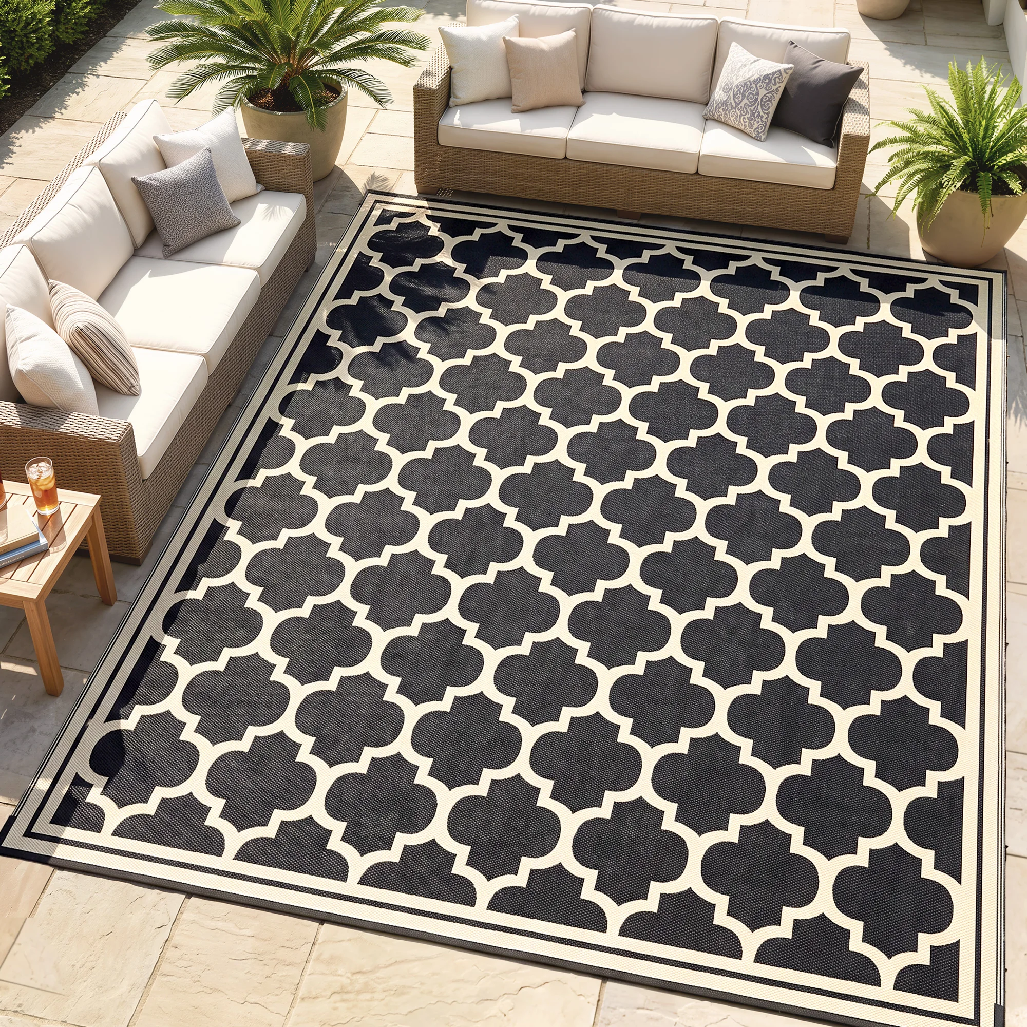 9' x 12' Reversible Outdoor Rug, Plastic Straw Mat for RV, Camper, Picnic, Black