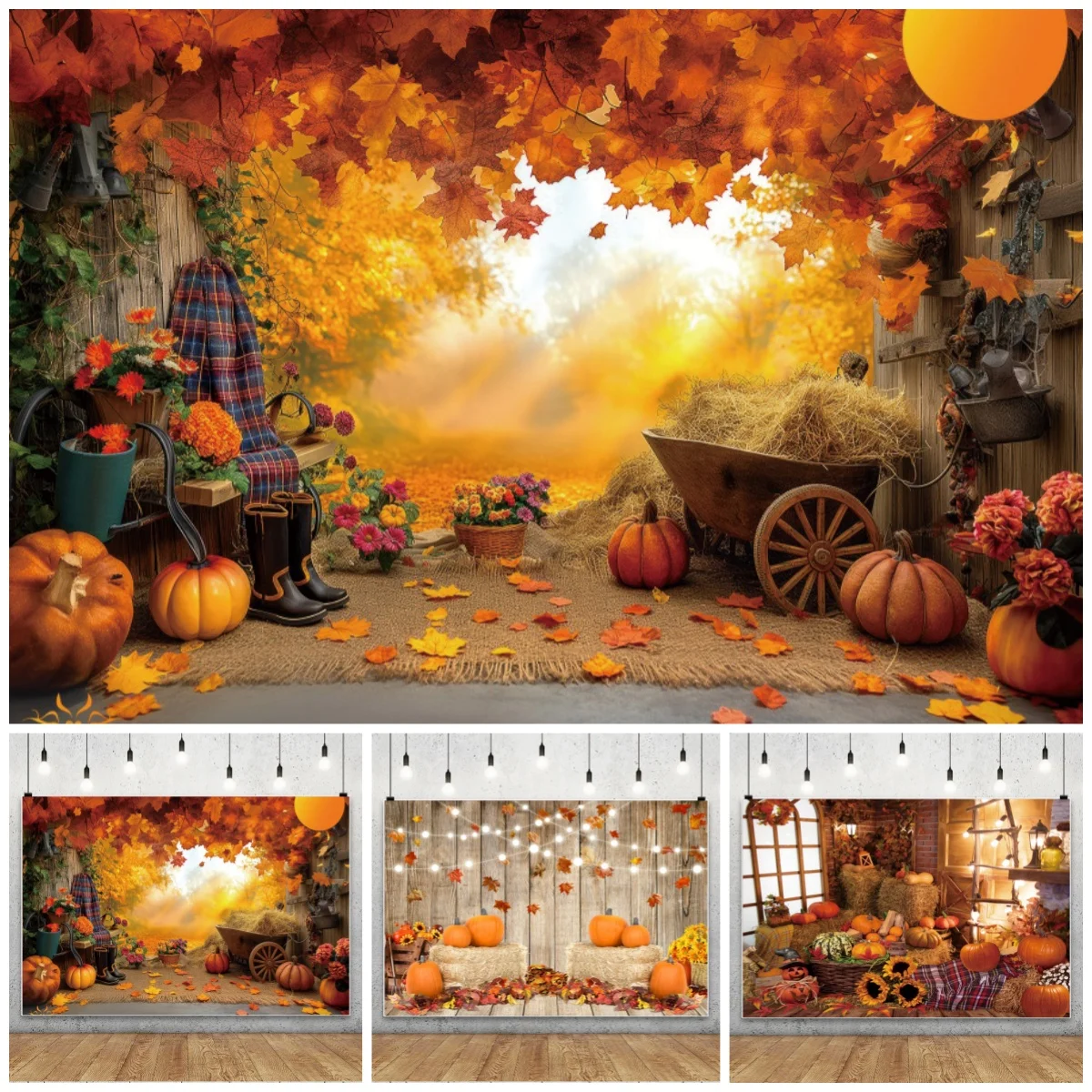 Autumn Photography Backdrop Hay Pumpkin Maple Forest Family Kids Birthday Thanksgiving Day Decor Background Photo Studio Props