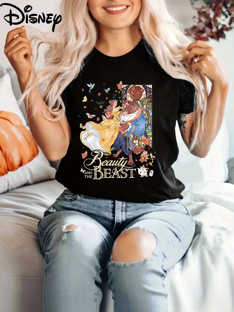 

Miniso Disney авторизованная ретро-футболка Disney «Красавица и чудовище» Belle's Magical Story в стиле ретро, женская повседневная короткая футболка