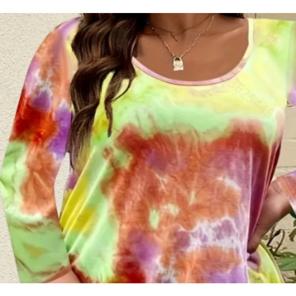 Plus Size Fashion Women's Casual Women's Tie Dye Round Neck Long Sleeve Dress