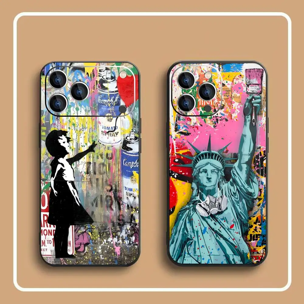 Чехол для телефона с граффити в стиле Бэнкси, мягкий, черный, противоударный, для iPhone 17, 16, 16e, 15, 14, 13, 12 Plus, Mini, Pro, Max