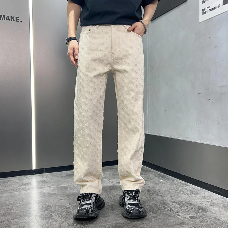 Creamy-white loose jeans men's fashion Embroidery Street hip-hop trend wide leg straight Korean style casual trousers