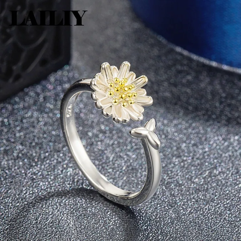 LAILIY925 Sterling Silver Simple Two Tone Sunflower Daisy Leaf Adjustable Ring for Women Fashion Jewelry