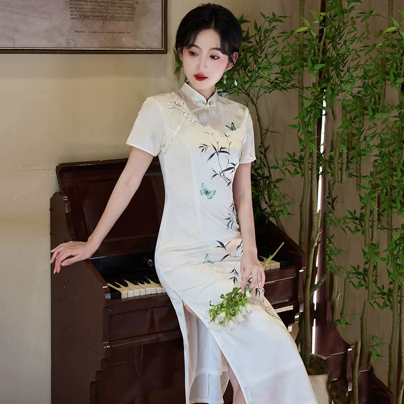 

National Style Long White Print Qipao Improved Young Style 2025 New Girl New Chinese Retro Spring/Summer Qipao Dress