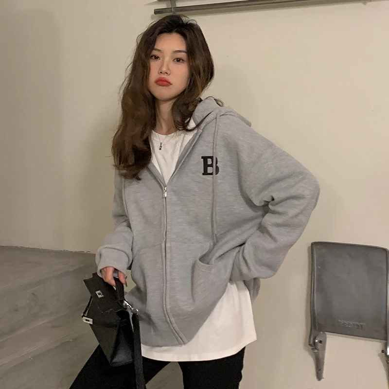 Women's Oversize Vintage American Style Hoodie Loose Fit Zipper Jacket Long Sleeve Comfortable Cotton Blend Commute Style