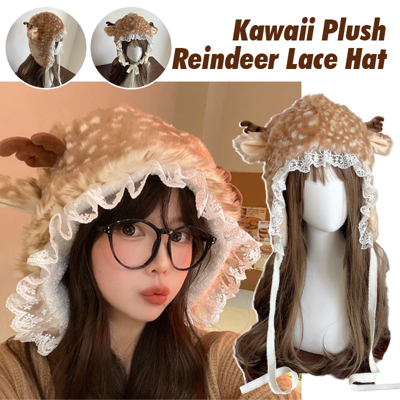 Kawaii Lolita Reindeer Deer Faux Fur Plush Hat Furry Boots Socks Cover Girl Cute Party Costume Cosplay Prop Bomber Hats