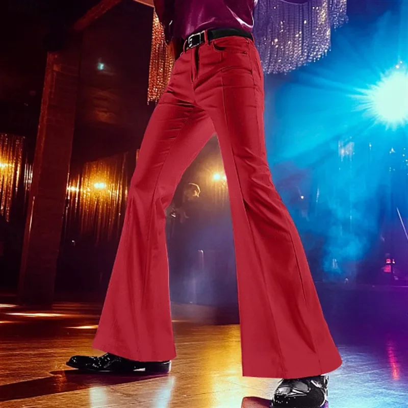 Vintage New Fashion Men Solid Color Super Stretchy Slim Simple Basic Casual Daily Flared Trousers European American Male Pants
