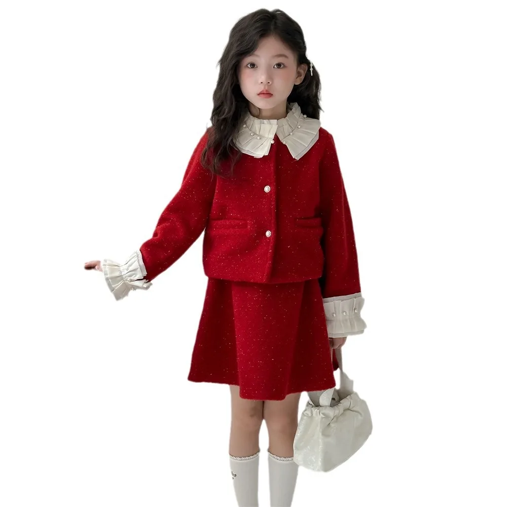 Winter Children Girl Clothes Set Cotton Padded Glitter Lace Collar Cuff Kid Girl Outerwear Solid Cotton 1-10Y Girls Skirt Outfit