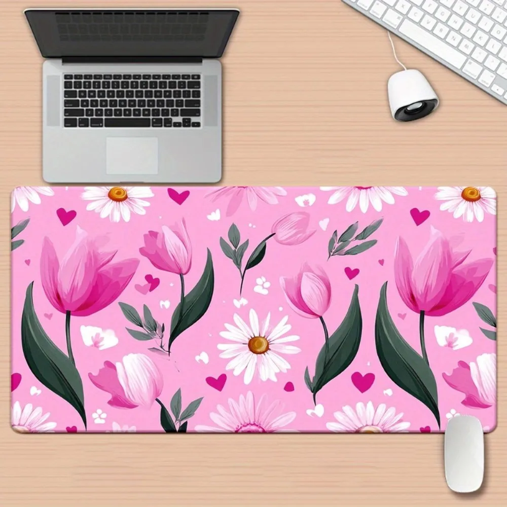 Pink tulip and daisy high-definition printed mouse pad - Non-slip mouse pad, washable rubber office pad, suitable for gamers