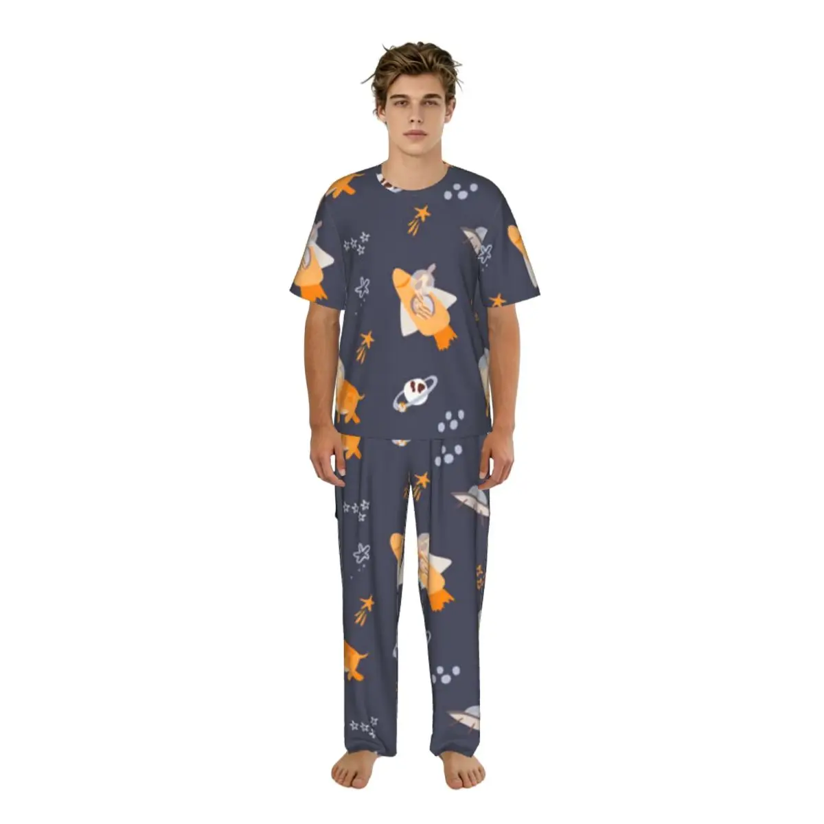 

Men's Casual Pajamas Sets Short Sleeve and Pants Sets Male Sleepwear Flying Dinosaurs Stars Planets Home Clothes