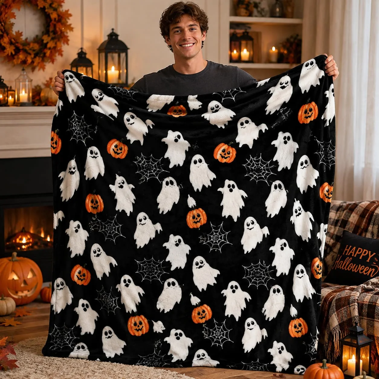 Halloween Cute Fleece Throw Blanket, Jack-O-Lanterns, Ghosts & Webs, 50x70