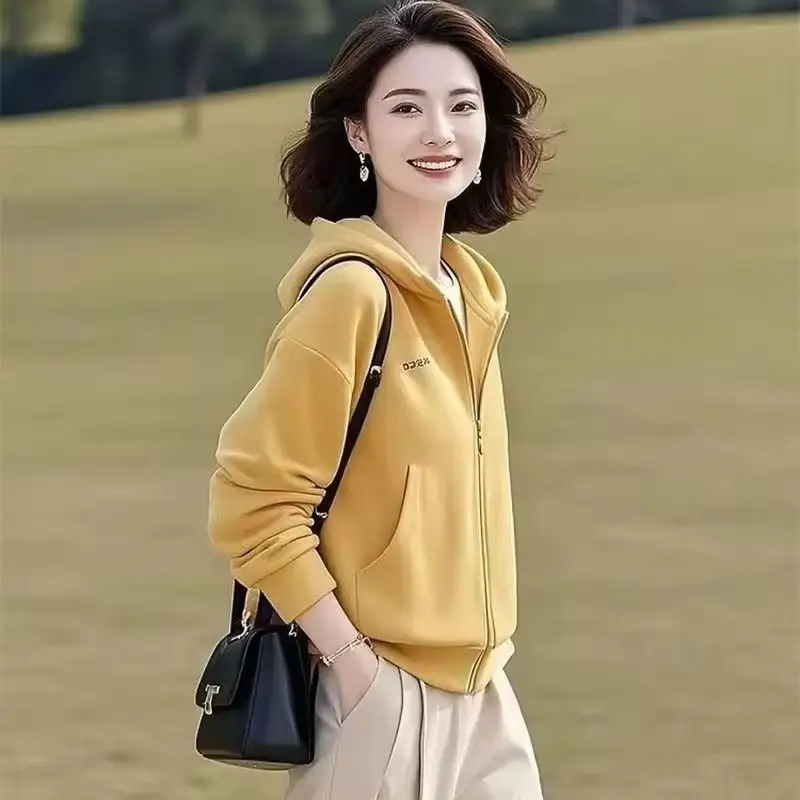 

Women Hoodie Sportswear 2025 New Spring Autumn Cardigan Coat Hooded Long Sleeved Yellow Coat Female Outerwear Casual Ladies Tops