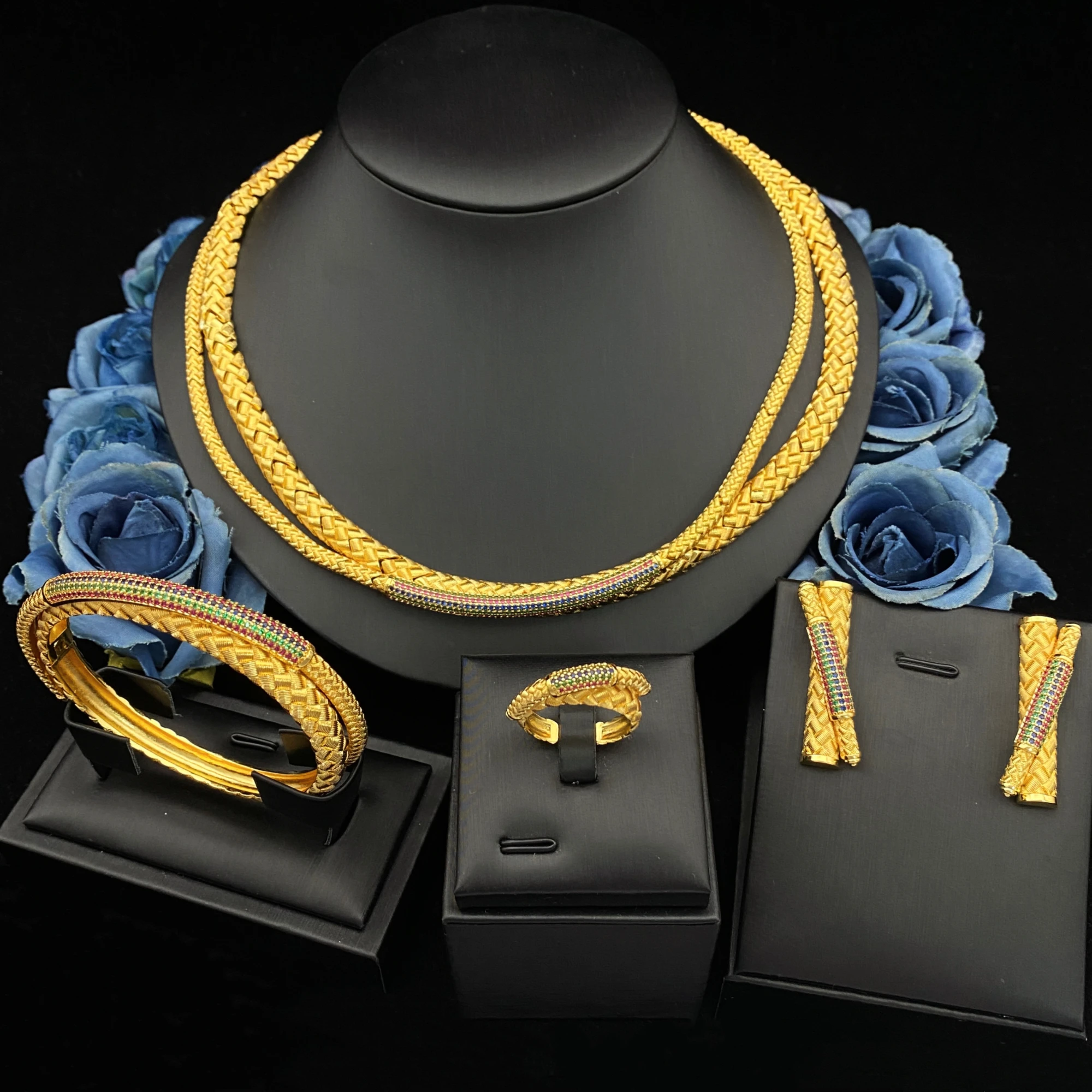 

JRH 2025 New Trending Minimalist Gold Plated Geometric Modeling Design 4Pc Bracelet Ring Necklace Earrings Party for Women