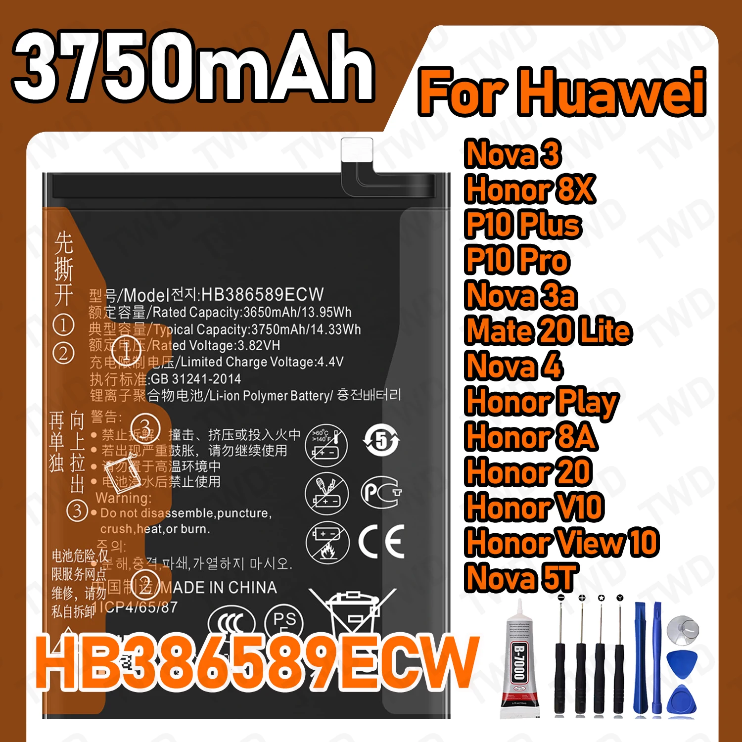 

High Quality Battery For Huawei Nova 3 3i P10 Plus Mate 20 Lite HB386589ECW Long Lasting Power +Free Tools