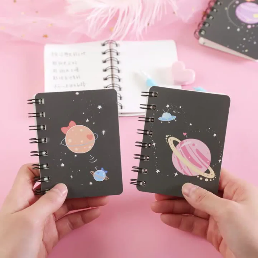 Mini Portable Rollover Coil Pocket Notepad Cartoon Pink Planet Pattern Notebook Student Diary Hand Account Stationery Supplies