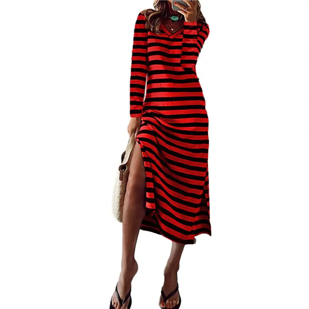 

Dress Striped Color Matching Loose Split Hem V Neck Mid-calf Length Soft Long Sleeve Pullover Midi Dress Streetwear Vestidos