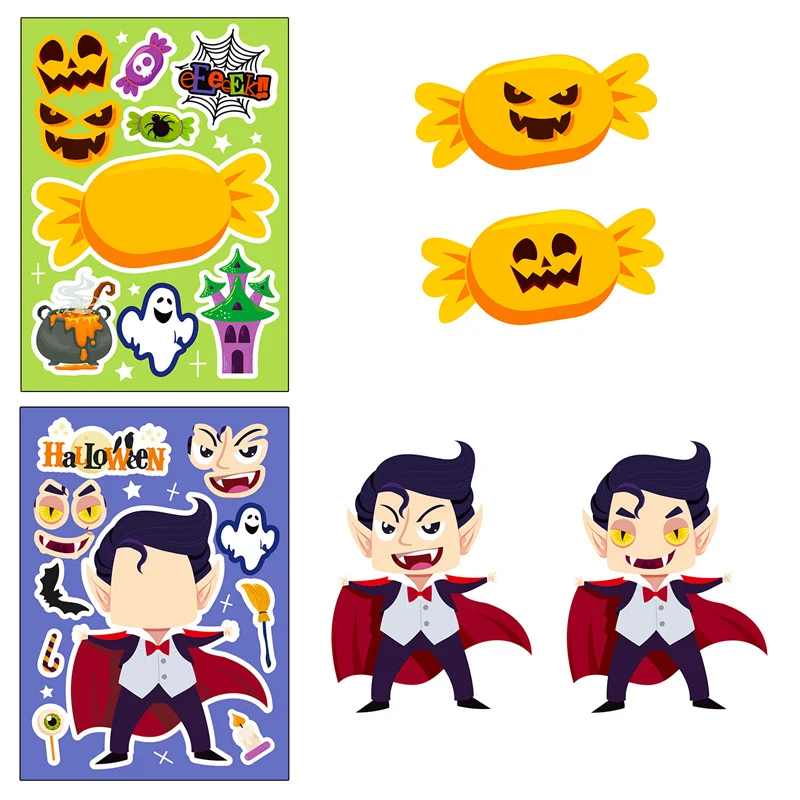 Cute Cartoon Halloween Stickers DIY Puzzle Stickers Make A Face for Witch Ghost Pumpkin Candy Kids Girls Boys Gifts Party Favor