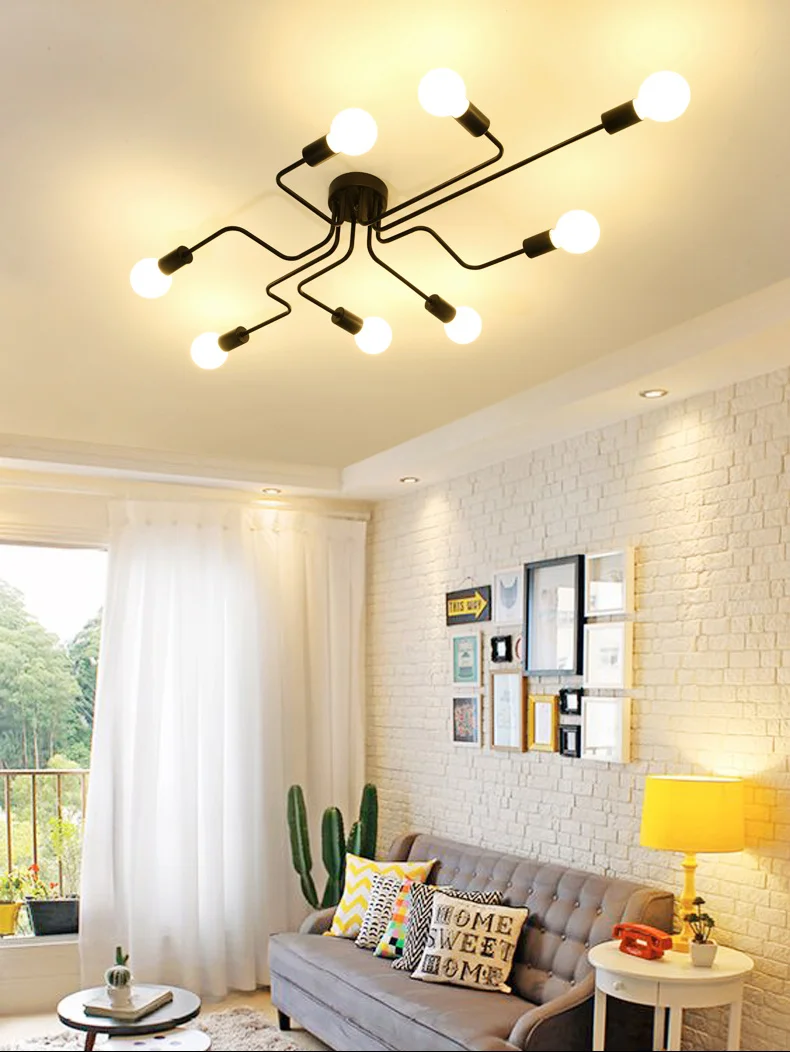 Vintage living room ceiling light, multi pole forged iron bedroom ceiling light, E27 bulb, living room lighting fixture