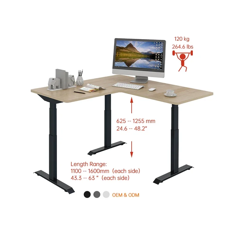 Three motors legs height adjustable office l-shape electric sit stand standing desk for work home