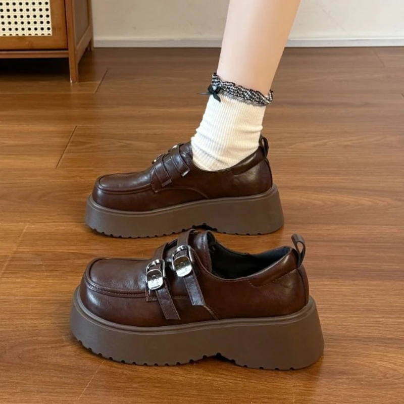 Women's New Elevator Shoes 2026 Retro British Style Leather Platform Loafers with Thick Sole for Height Enhancement