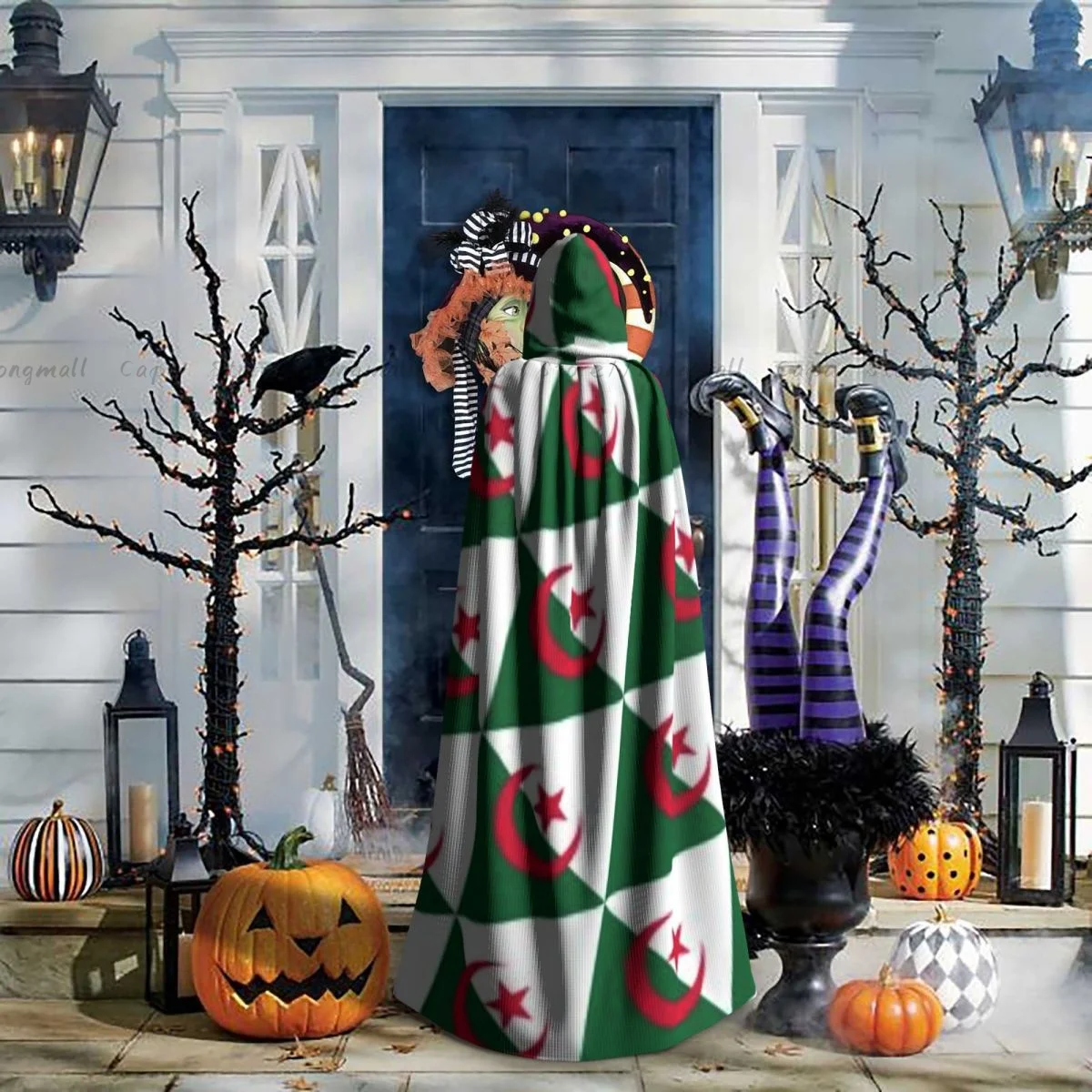 Adult Halloween Geometric Flag Of Algeria Cloak Cape Hooded Medieval Costume Full Length Dress Coat