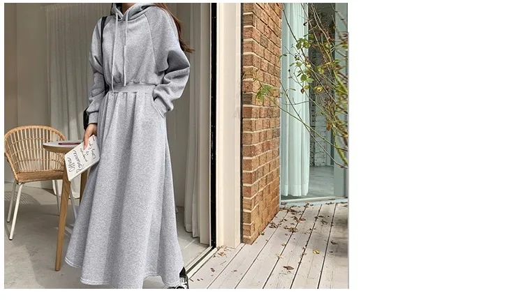 Koreanischer Stil, Herbst-Winter-Kapuzen-Sweatshirt-Kleid, Übergröße, tailliert, einfarbig, langes Kleid für Studentinnen und Frauen, lässig – Detail 11