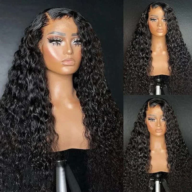 Soft 180Density Long 26" Black Glueless  Kinky Curly Lace Front Wig For Women With Baby Hair Synthetic Preplucked Heat Resistant