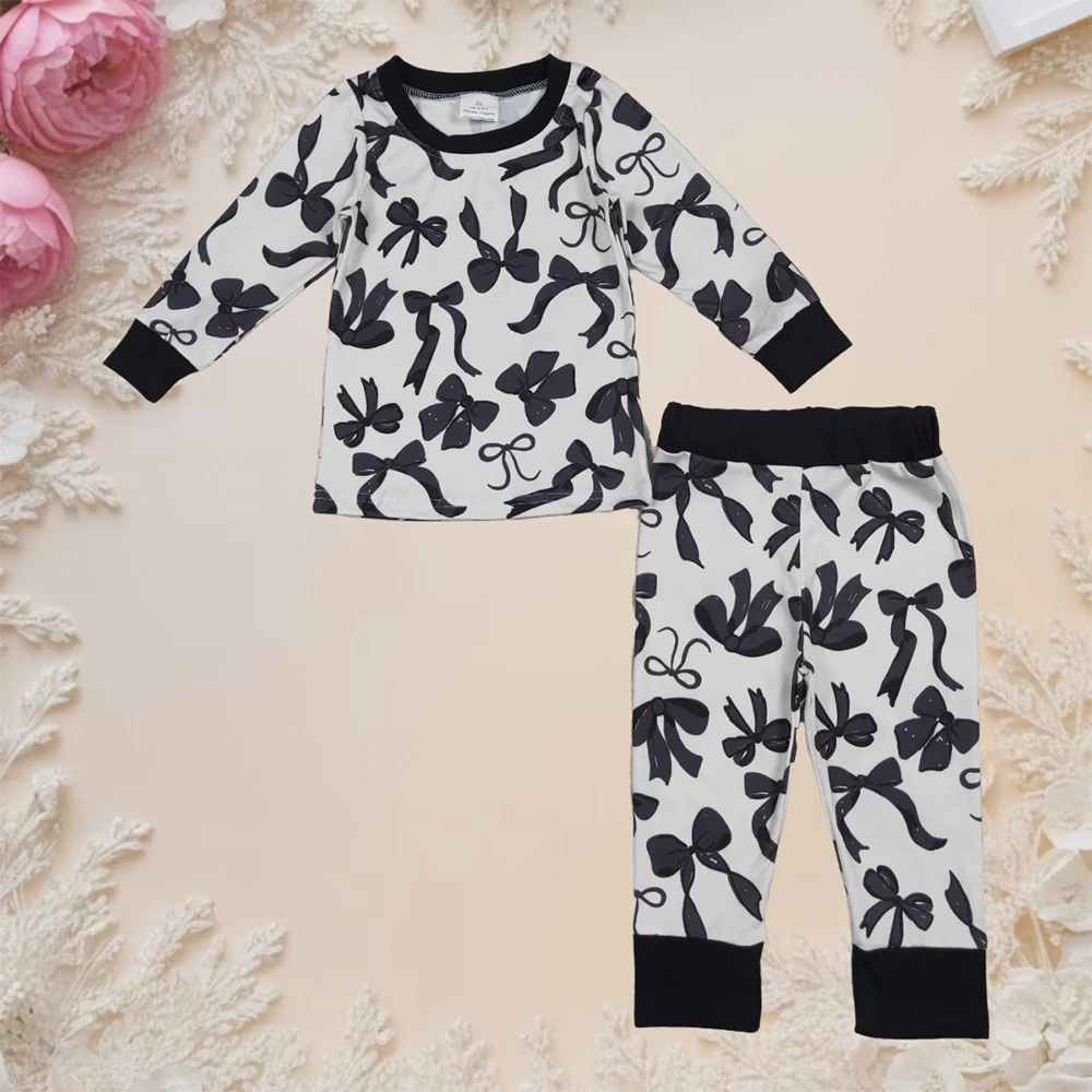 

Wholesale Baby Girl Clothes Kids Black Bows Sleepwear Loungewear Infant Toddler Long Sleeves Tops Pants Pajamas Sets Clothing