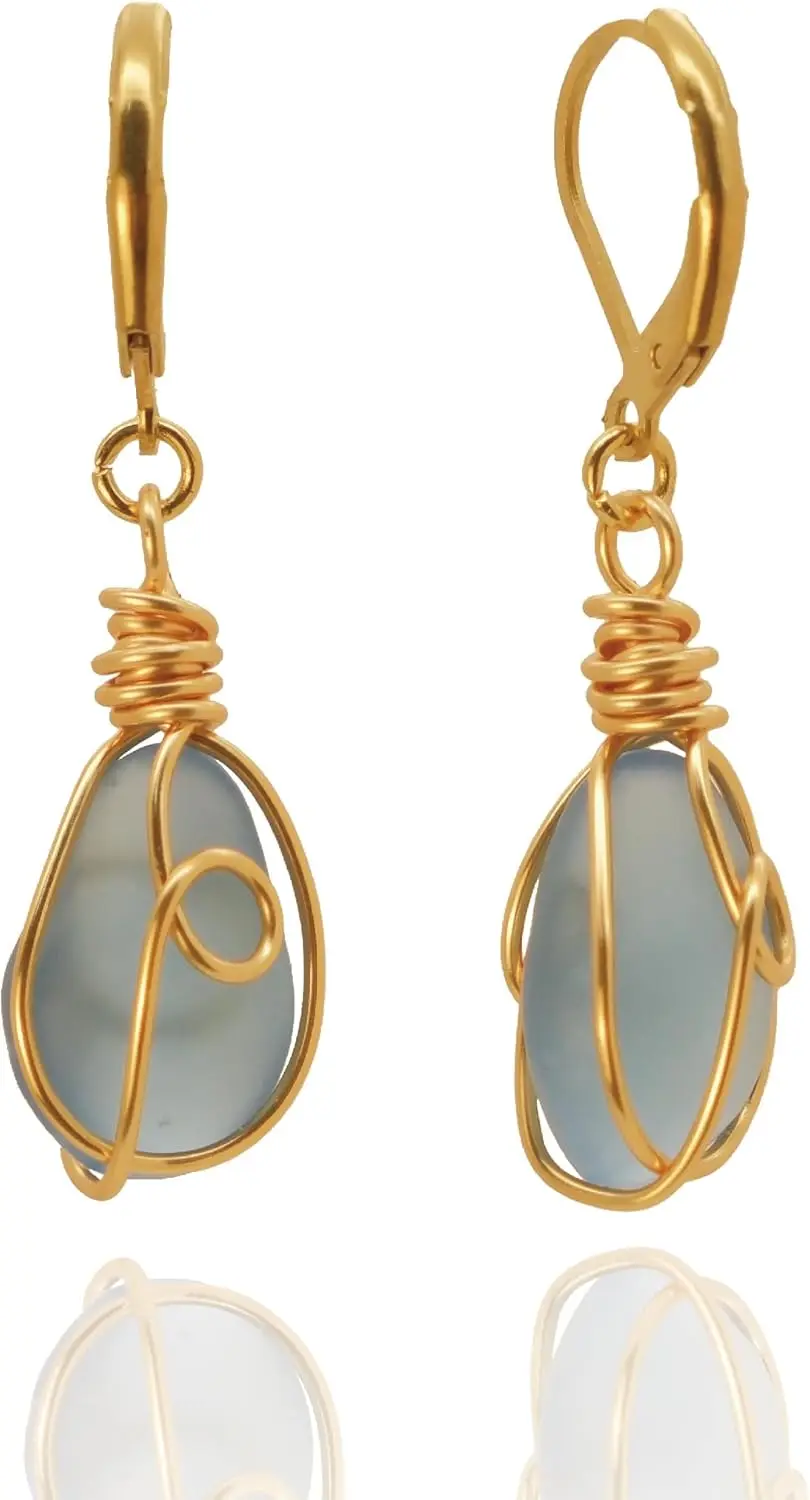 

Sea Glass Wire Wrapped Drop Earrings Coastal Ocean Beach Summer Gift for Women