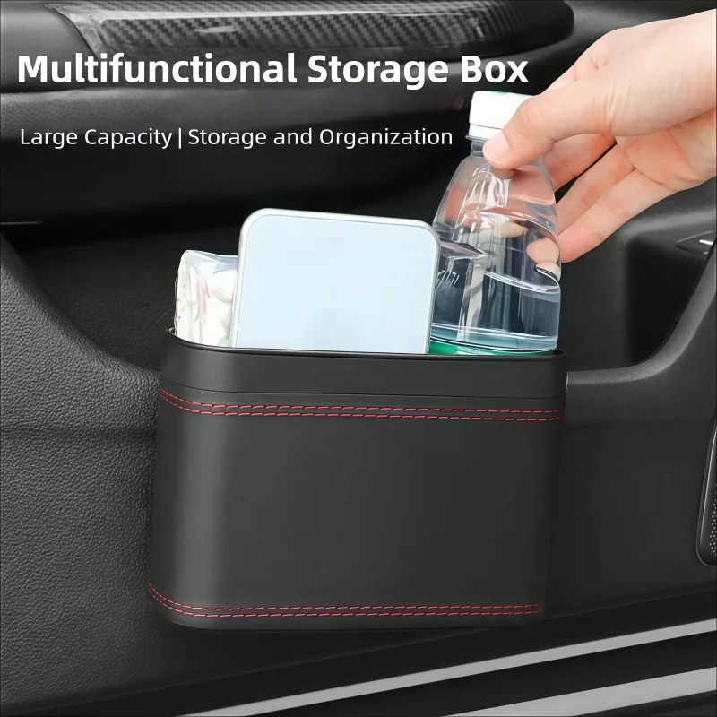 Multi-functional Car Press-down Storage Box PU Leather Vehicle Trash Can, Seat Back and Door Hanging Storage Box, Press-down view 2