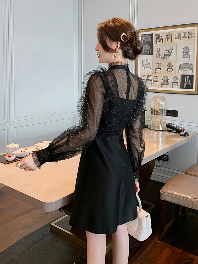 Moda feminina ol vintage suporte pescoço puff manga mini vestido de festa elegante temperamento malha perspectiva lantejoulas preto vestido feminino