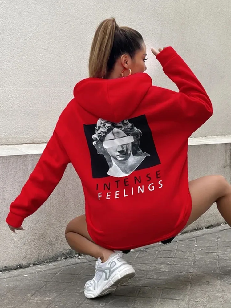 Intense Feeling Sculpture Cover Eyes Printed Womans Hoodie Street Sporty Pullover Autumn Pocket Clothing Casual Women Sweatshirt