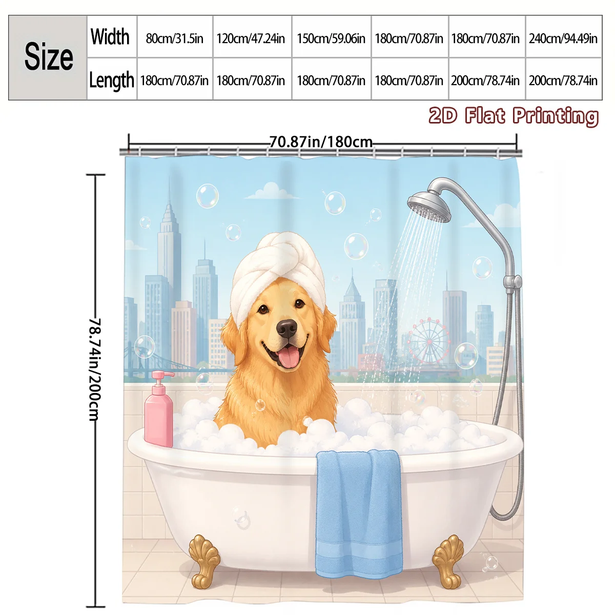 Cute Cartoon Golden Retriever Dog Bath Shower Curtain Waterproof Shower Liner for Pet Lovers Bathroom Home Decor Fun Puppy Polye