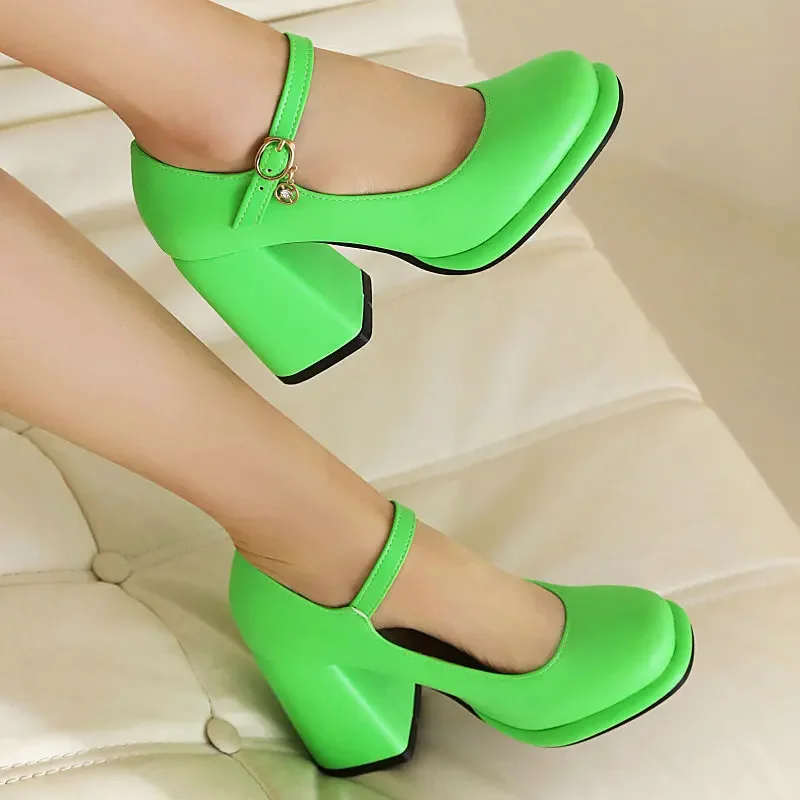 Bright Orange Green New Girls New Office Lady Pumps Round Toe Charming Women's Bridal Shoes Chunky High Heeled Mary Janes Heels
