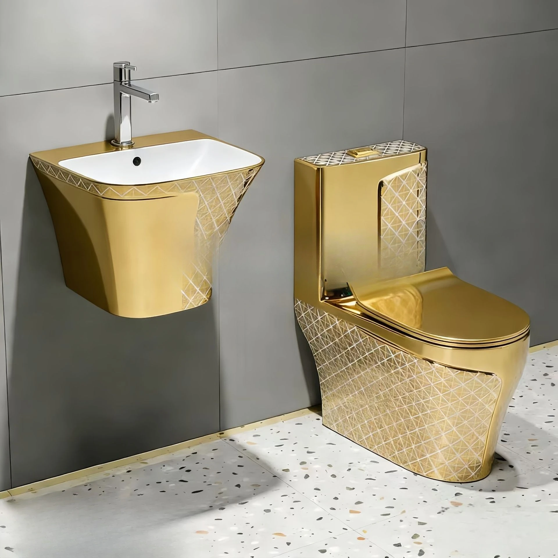 Color gold electroplated toilet siphon ceramic hand washing column basin set bathroom