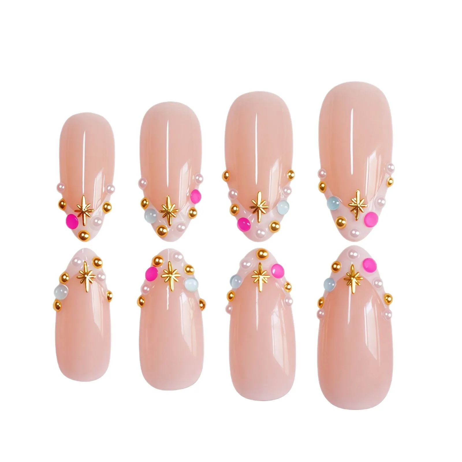 24Pcs Cute Star Candy Color French Pearl Full Cover Fake Nails Colorful Ins Pearl Wearable Nail Iridescent Diamond False Nails