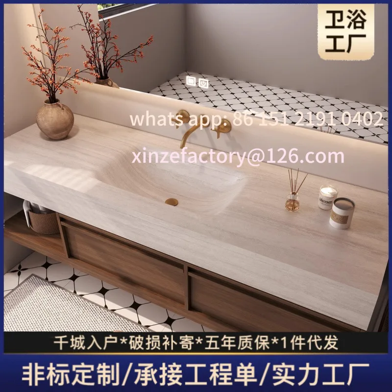 

Customizable medieval rock slab hot bending integrated basin bone line bathroom cabinet
