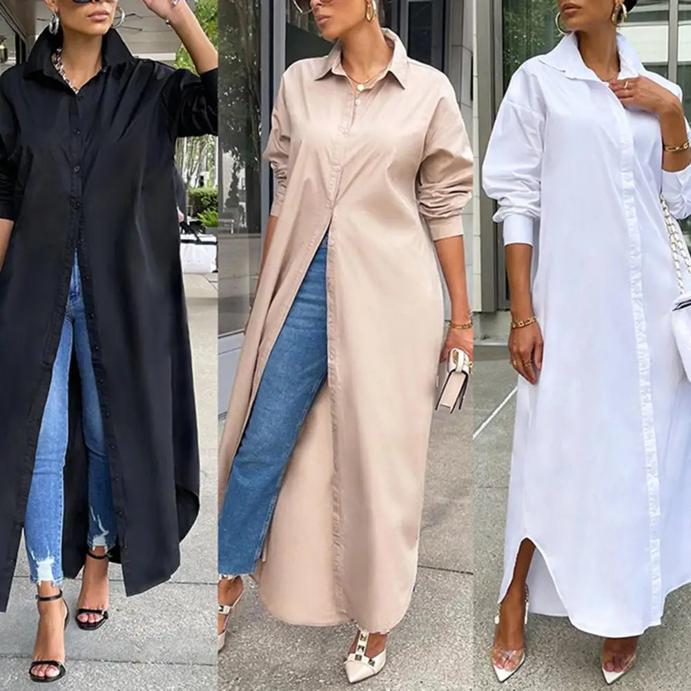 Women Turn Down Collar Long Sleeve Single Breasted Hem Shirt Coat Autumn Winter Solid Color Shirt Long Dress Female Clothing