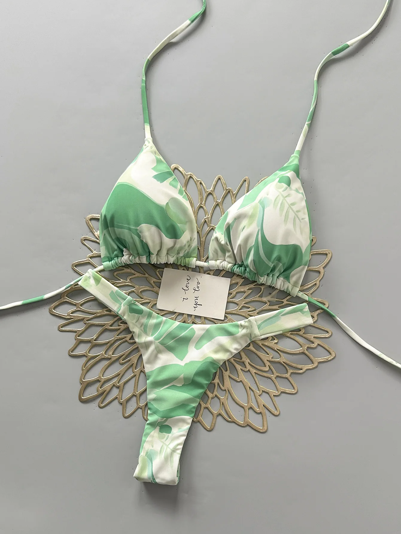 sexy green print micro bikinis sets two pieces halter back tie thong swimsuits bathing suit swimwear biquini tankini trikini