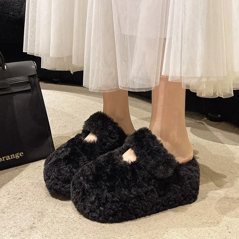 Korean Style Fashionable All-Match Fur Slippers Women's Thick Bottom Heightening Lazy One-Step-On Headed Slippers Autumn Wint...