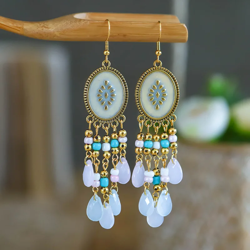 Bohemian Antik Gold Farbe Lange Wasser Tropfen Quaste Ohrringe für Frauen Vintage Bunte Geometrische Tropfen Baumeln Ohrringe Schmuck – Detail 30