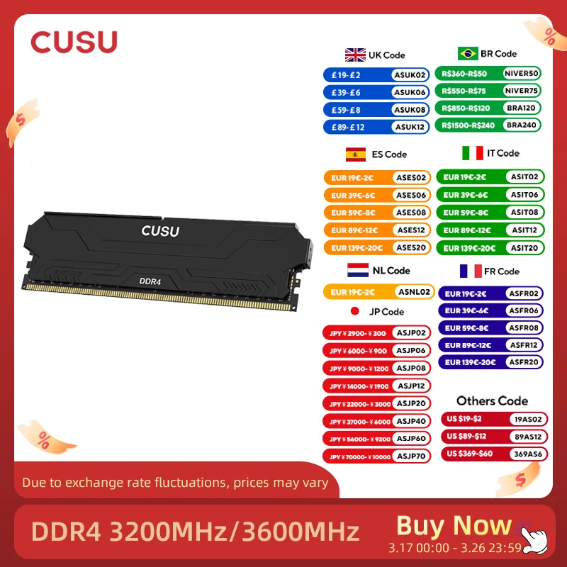 CUSU Ram DDR4 Memory 16GB ( 8GB x2) 32GB (16GBx2) DDR4 3200MHz 3600MHz Desktop Udimm 288pin Dual Channel XMP2.0