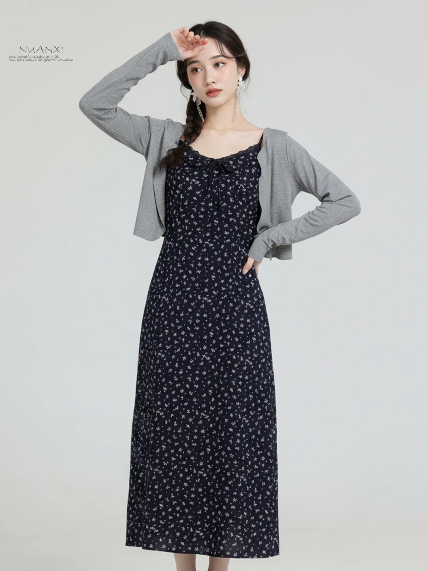 

Nuanxi 2026 Spring Gentle Floral Print Halter Dress Cardigan Two-Piece Set Elegant Ensemble Women's Fashion Spring Summer Out...
