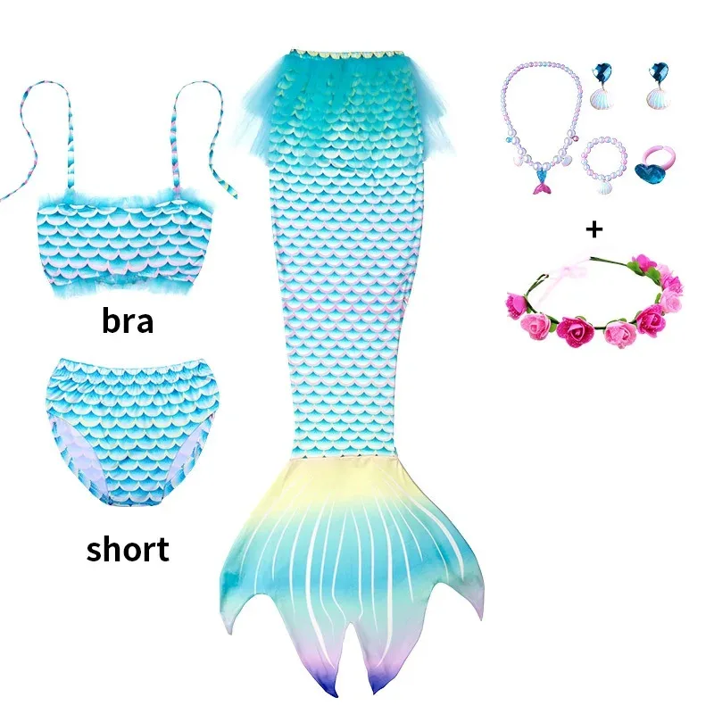 3-12 Years Girl Mermaid Swimsuit with Headwear Jewelry Beach Pool Party Cosplay The Little Mermaid Costume Swimming Bathing Suit