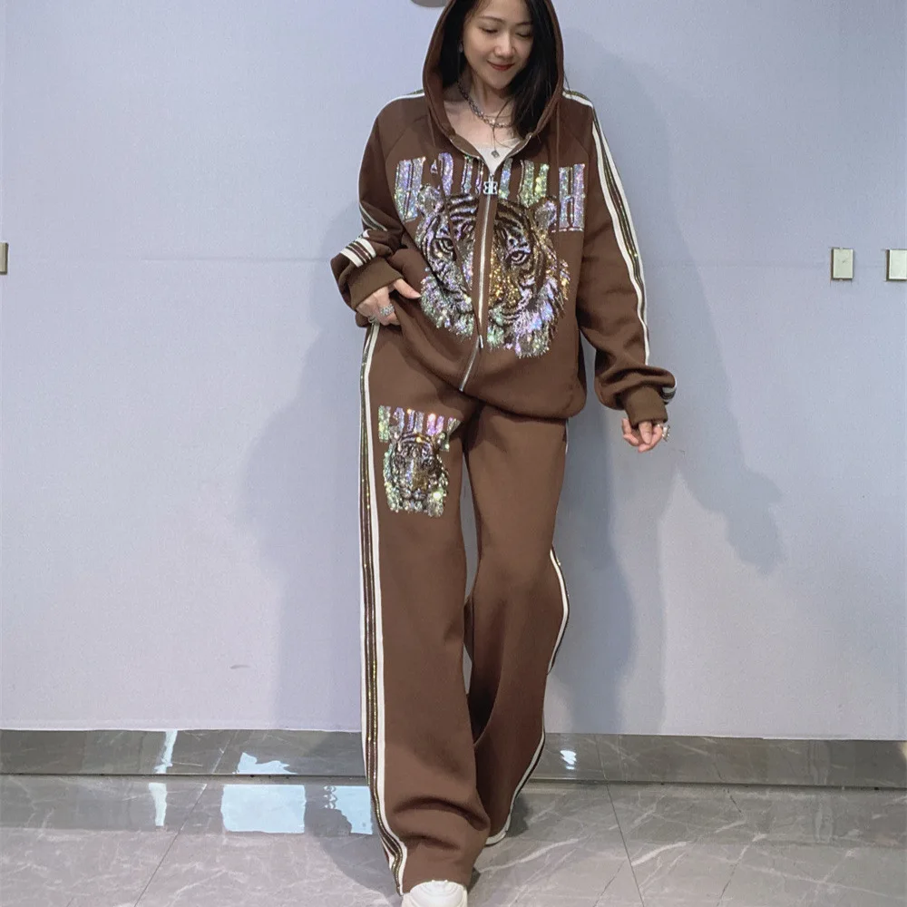 Cartoon Diamonds Oversized 2 Piece Sets Womens Outfits Autumn Black Tracksuit Casual Hooded Zipper Cardigan Top and Pant Suits