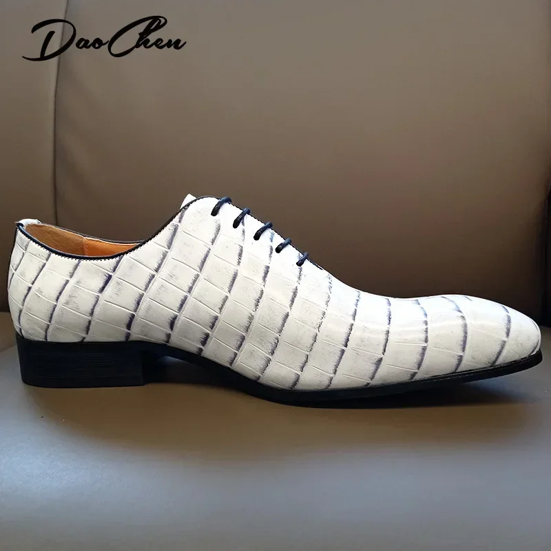 Luxury Brand Men Oxford Shoes Lace-up White Crocodile Print Casual Dress Man Shoes Wedding Office Leather Shoes For Men