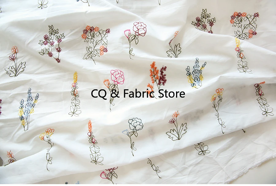 Summer White Pure Cotton Poplin Embroidered Fabric For Clothing Dresses Handmade DIY Fabric Korean Japan Style By The Meter