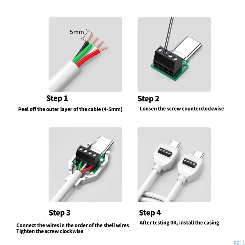 R91A USB C Male to 5/4pin Solderless Connectors for Rapid Cable Repair and DIY,Support 65w Charging Capability,Cable Adapter
