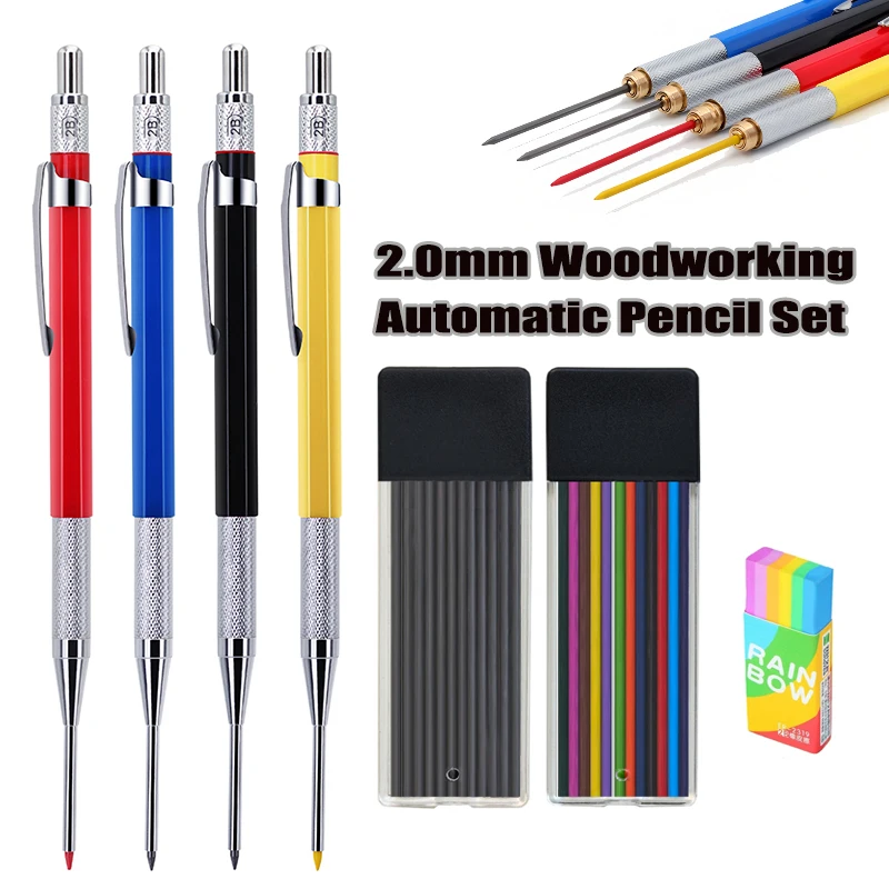 4pcs/set Creative 2.0mm Deep Hole Metal Woodworking Mechanical Pencil Set with 2B Lead, for Carpenter Engineer Marking Supplies