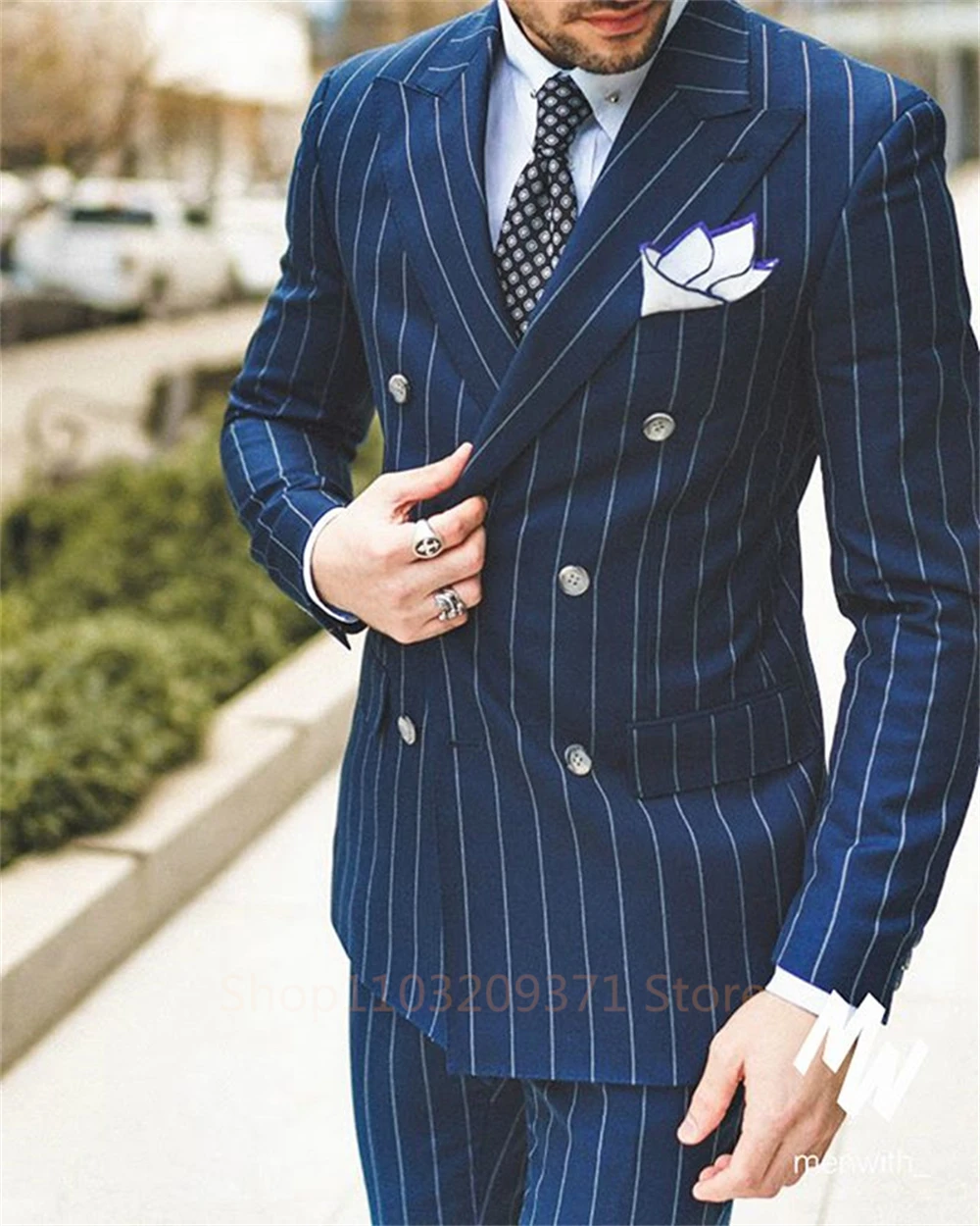 Formal Navy Blue Suits Double Breasted Pinstripe Peak Lapel Design 2 Piece Jacket Pants Set Costume Homme Male Clothing Blazer